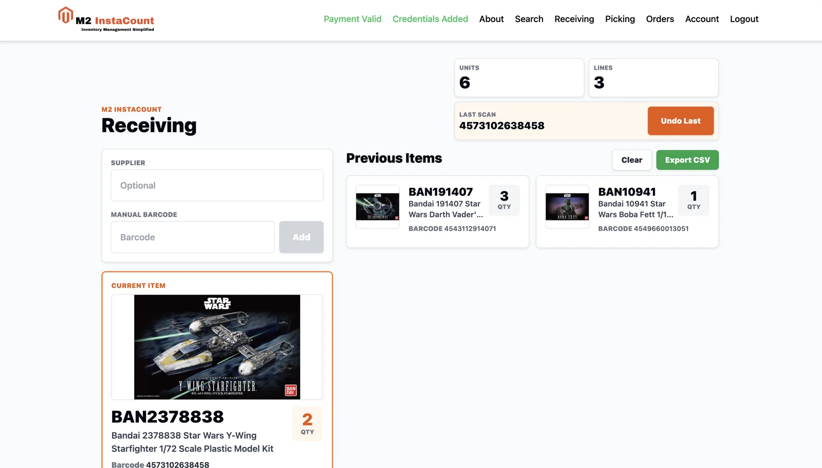 M2 InstaCount receiving screen showing product images, SKUs, and received quantities